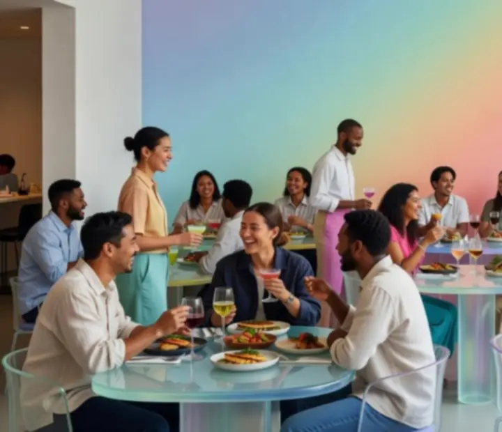 Vibrant modern restaurant interior at Suited Supper Club with guests enjoying dinner
