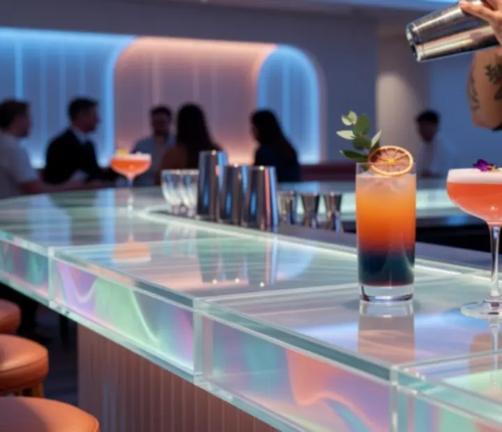 Colourful bar ambience with glassmorphism design details at Suited Supper Club