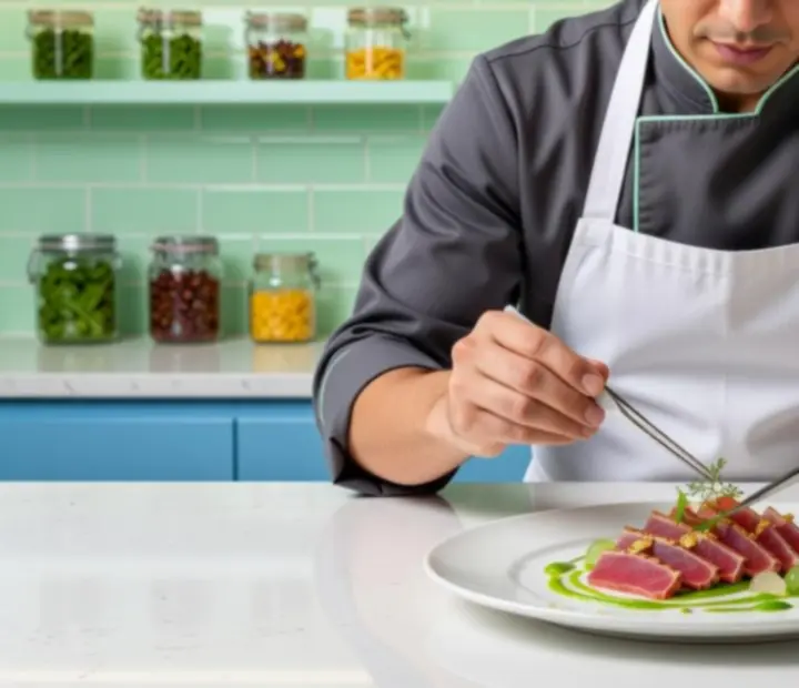 Chef carefully plating a colourful seasonal dish at Suited Supper Club.