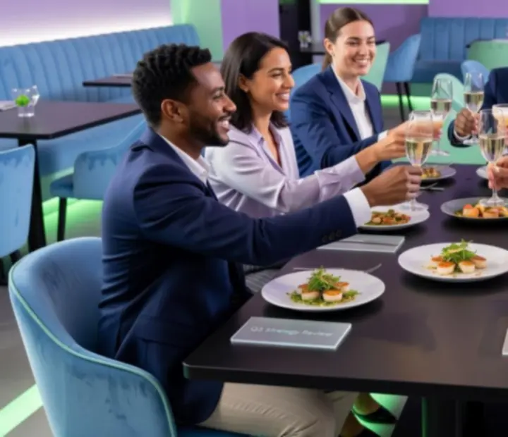 Corporate dining event at Suited Supper Club with colleagues enjoying a shared meal in a modern restaurant.