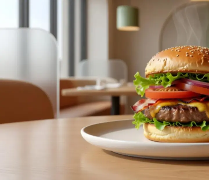 Close-up of a gourmet burger with colourful toppings
