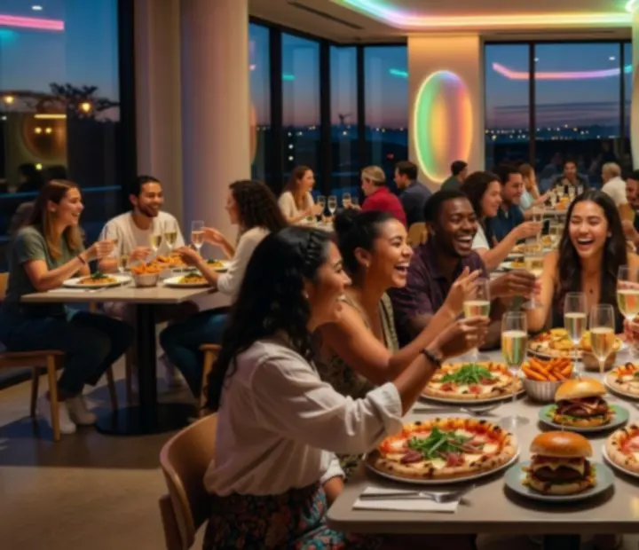 Young guests laughing over gourmet dishes in a colourful modern restaurant evening at Suited Supper Club.