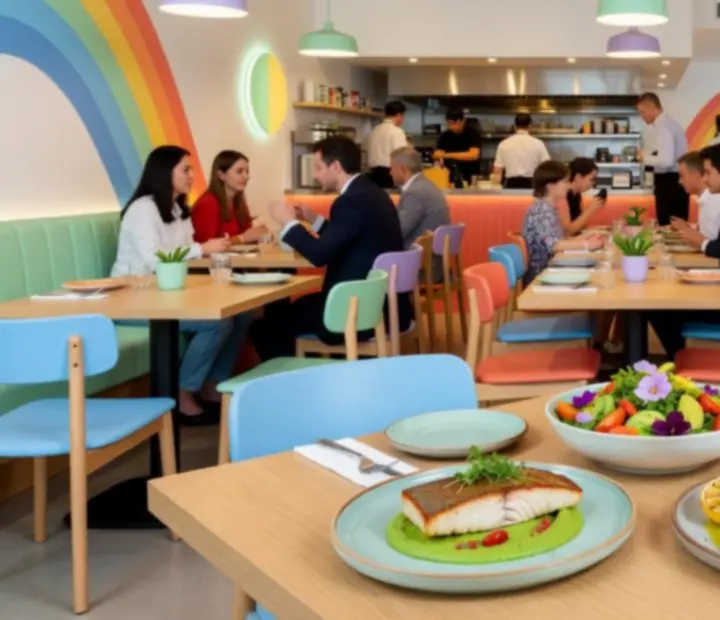 Vibrant restaurant atmosphere at Suited Supper Club with colourful dishes and drinks