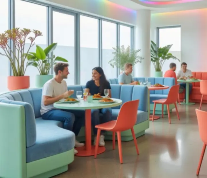 Vibrant modern restaurant interior with colourful lighting and rounded seating