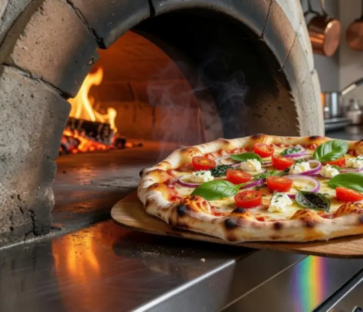 Artisan pizza being baked in a stone oven