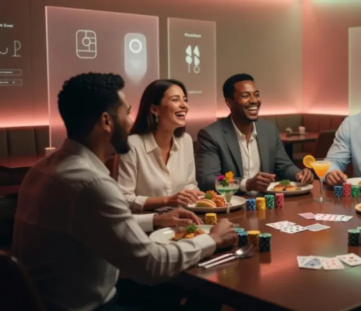 Guests enjoying a friendly offline poker night at a private event with colourful ambient lighting.