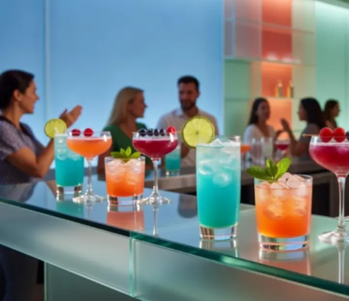 Colourful signature cocktails lined up at the bar